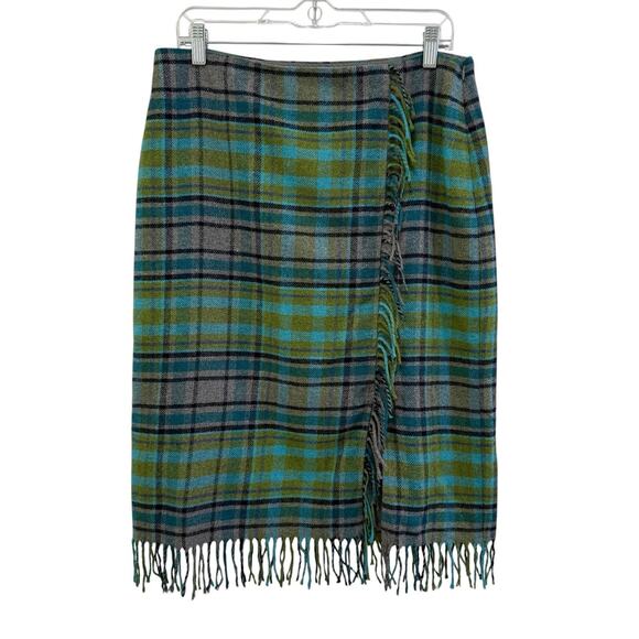 J Jill Faux Wrap Plaid Fringe Blanket Skirt Sz 10 Wool Blend Scottish Highlands - Picture 3 of 11